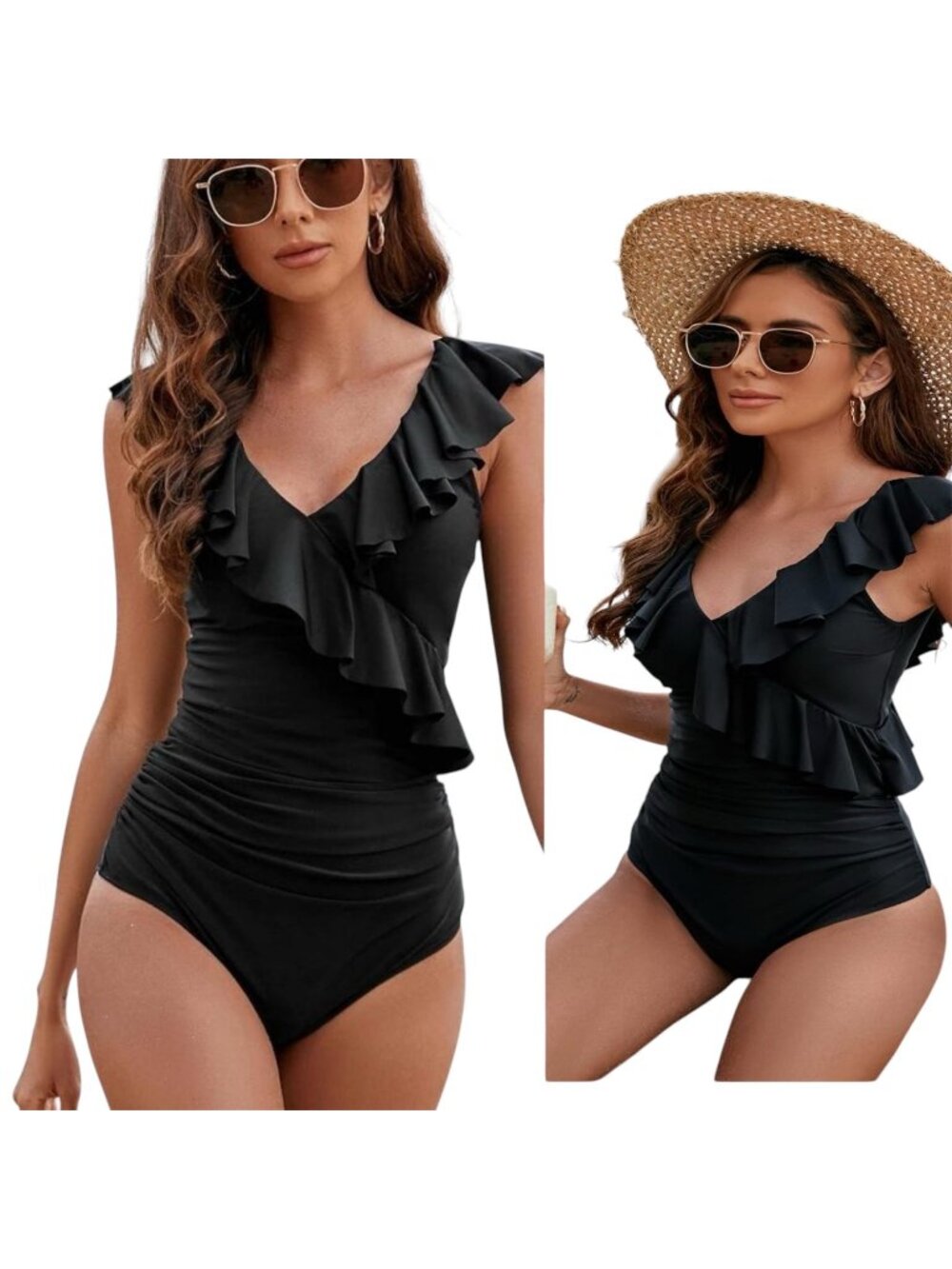 Blooming Jelly Womens Small Black One Piece Swimsuit Tummy Control Ruffle V-Neck